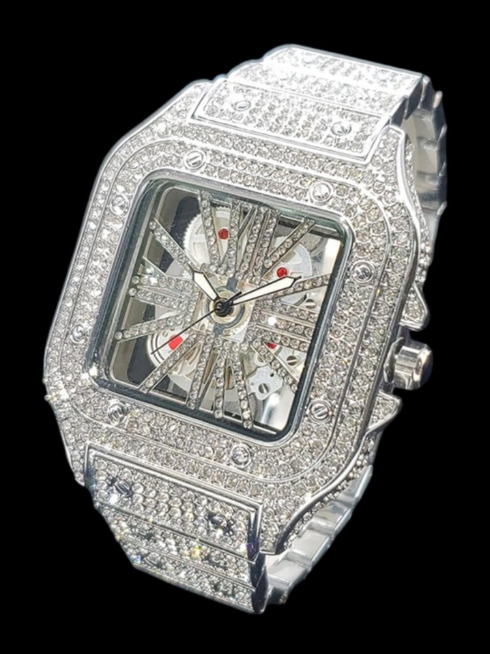 Skeleton Red Dial VVS Iced Out Diamond Designer Watch, Hip Hop Watch, Fashion